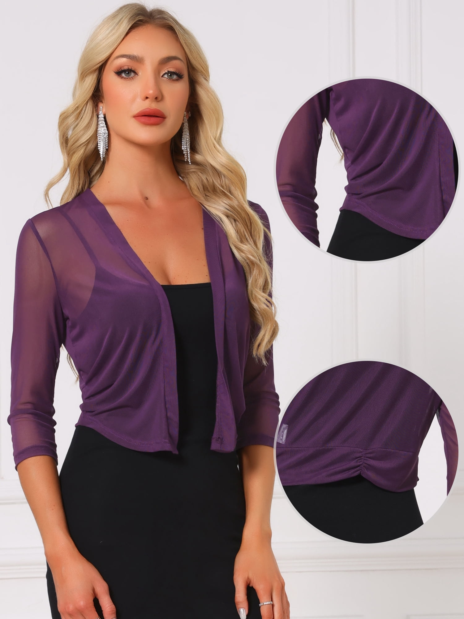 DARING DIVA Elegant Women's 3/4 Sleeve Sheer Mesh Cardigan Dresses XS Dark Purple