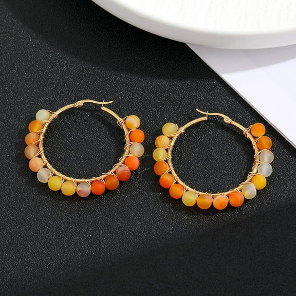 ERDOUY personalized natural stone earrings, natural stone stainless steel wire wound earrings, beaded earrings, retro colored earrings (orange)