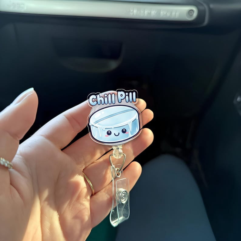 TiniDecor Chill Pill Nurse Badge Reel, Blue Retractable ID Holder, Cute Gift for RN, Med Student