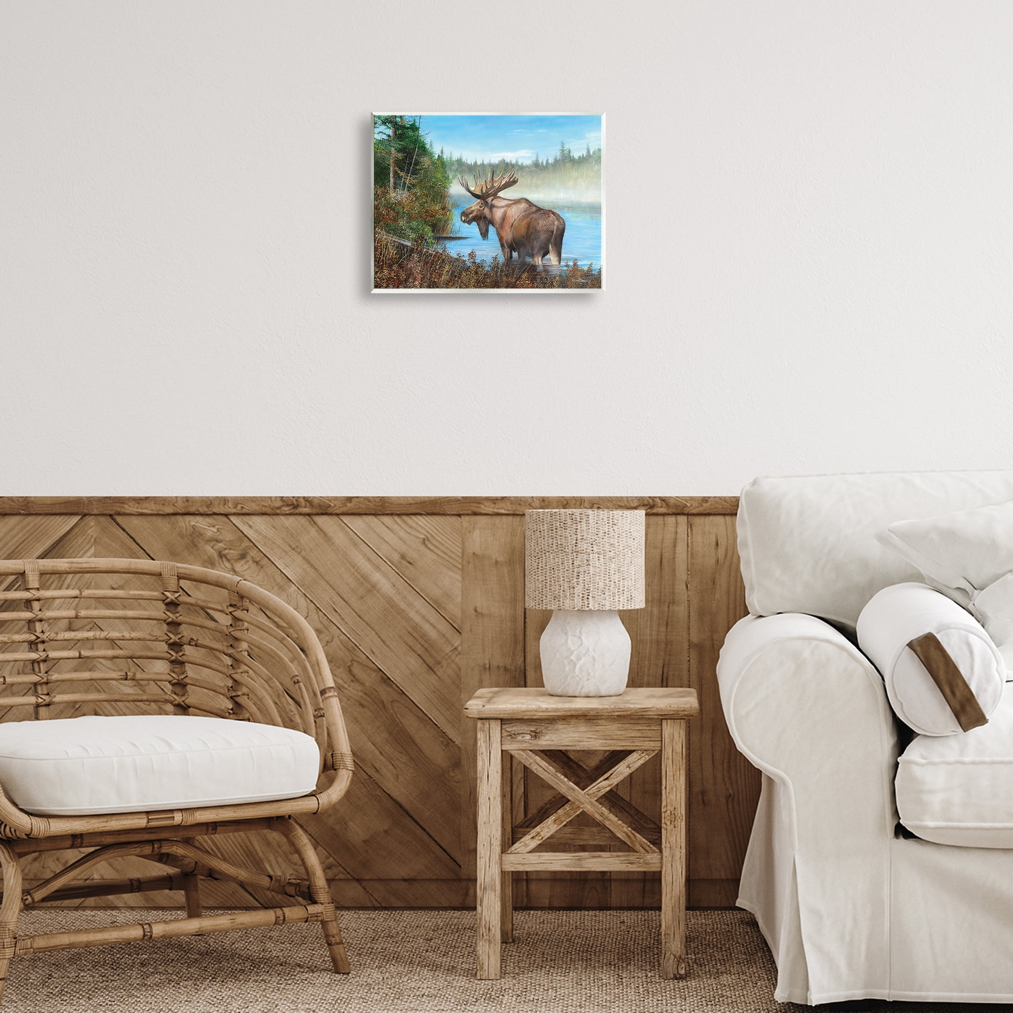 Stupell Industries Rustic Moose Wading in Shore Landscape & Nature Painting Unframed Art Print Wall Art, 14 x 11
