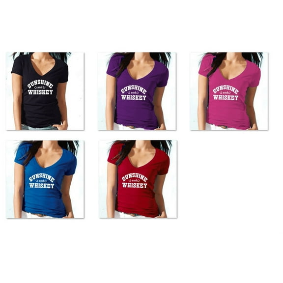 Music Women's Sunshine And Whiskey Printed V-neck Tshirt Short Sleeve Vneck T-Shirt Soft and Comfy Shirt, Lightweight Shirt Black Tee Small