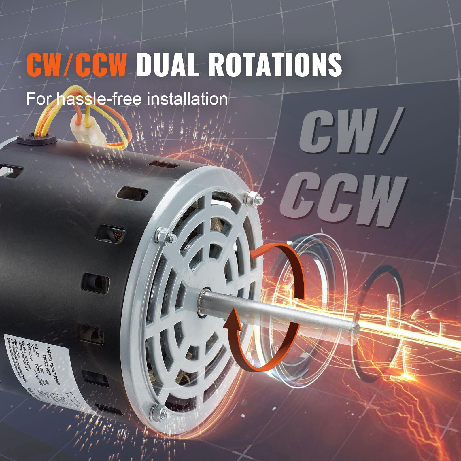 1/2 HP Furnace Blower Motor 208 230 Volts 2.7 Amps 1075 RPM 5 Speed Forward Reverse Rotation 48 Frame 3.4 Inch Shaft 7.5 Microfarad 450 Volt Capacitor with 11 Inch Retaining Ring