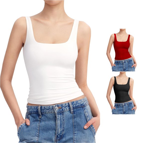 oqasdz Tank Tops for Women Square Neck Sleeveless Knit Ribbed Cropped Top Slim Fit Solid Color Layering Undershirts for Daily Wear Summer Outdoor,White,XL
