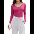 thumbnail image 1 of Camiseta Básica Ajustada de Punto Acanalado con Cuello en V y Larga para Mujer Rosa Roja S, 1 of 7