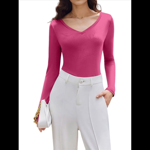 Camiseta Básica Ajustada de Punto Acanalado con Cuello en V y Larga para Mujer Rosa Roja L