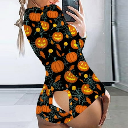 

MRULIC sleepwear for women Women’s Halloween Print Functional Buttoned Flap Jumpsuit Nightgown Supersoft Pajamas Slim Warm Loungewear Party FamilyWomen s Sleepwear Orange + US:8