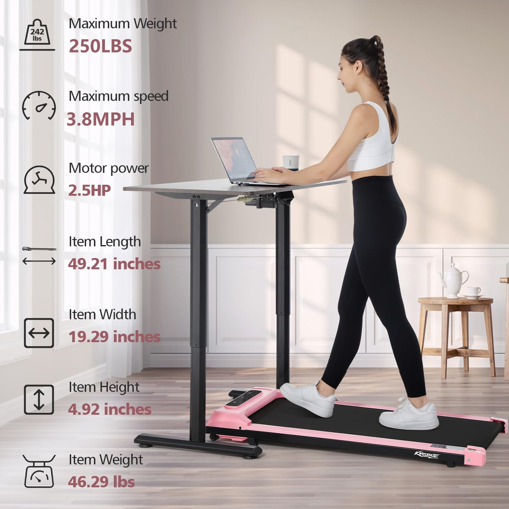 KRISRATE Walking Pad Treadmill with LED Display, Under Desk Treadmill with APP & Remote Control, Portable Treadmills for Home Office with Quiete, Max 250lbs Weight Capacity & Installation-Free