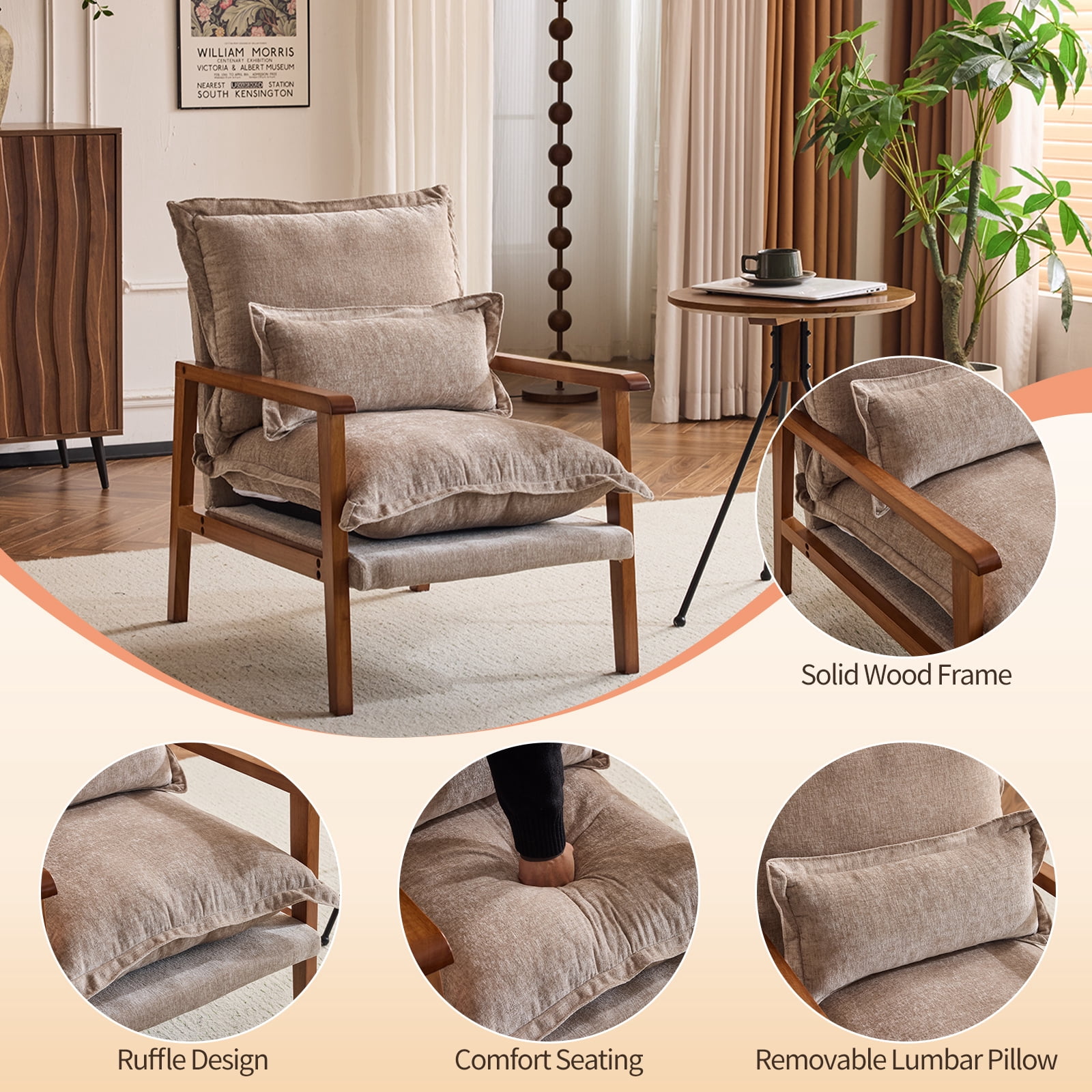 Cloud Shaped Indoor Leisure Chair with Solid Wood Armrest, Chenille Fabric Accent Chair with Lumbar Pillow, Khaki