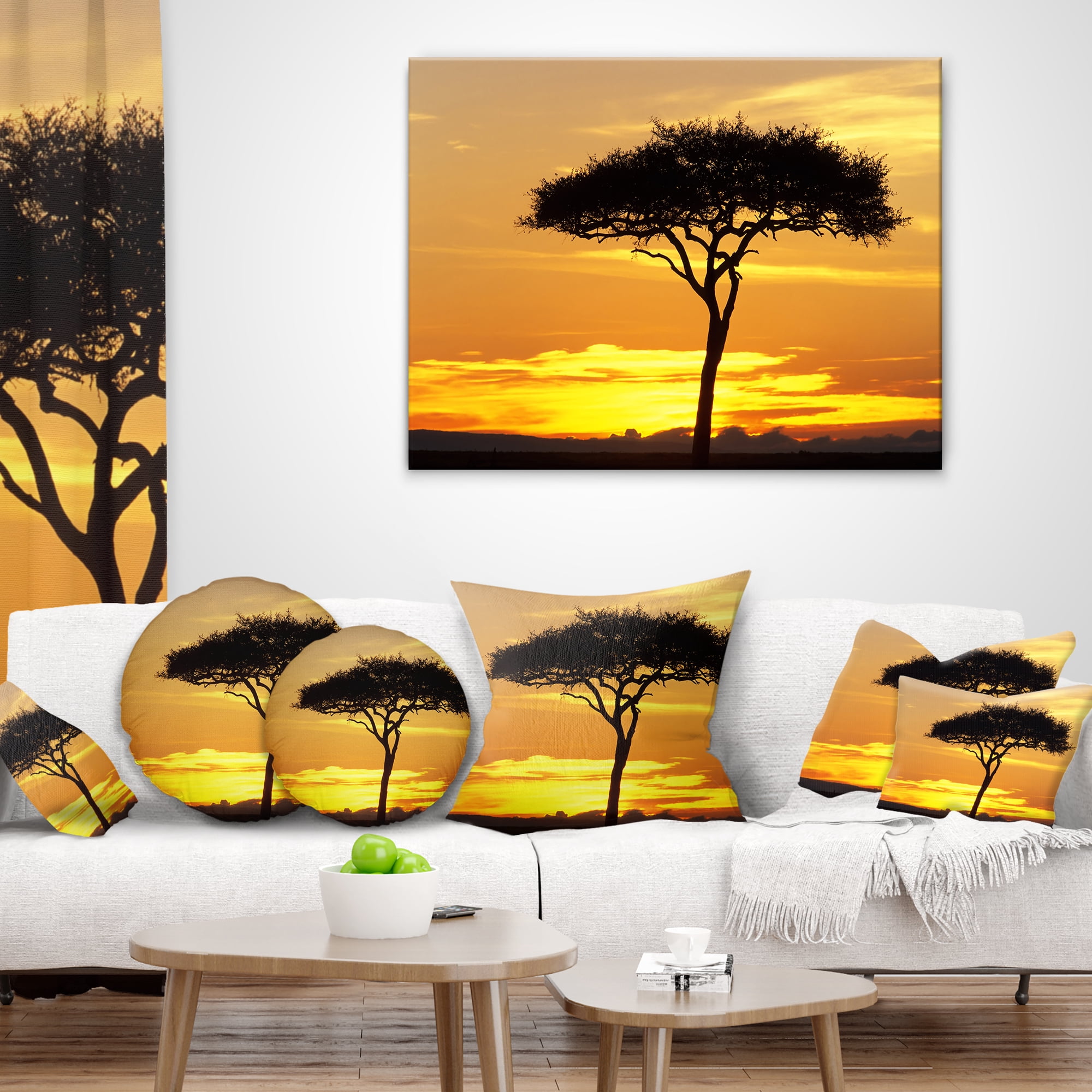 Designart Beautiful Sunset Through Acacia Tree - African Landscape Printed Throw Pillow - 16x16