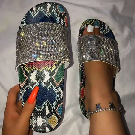 

Akiihool Flip Flops for Women Casual Women s Fashion Rhinestones Design Slides Sandals (White 6.5)