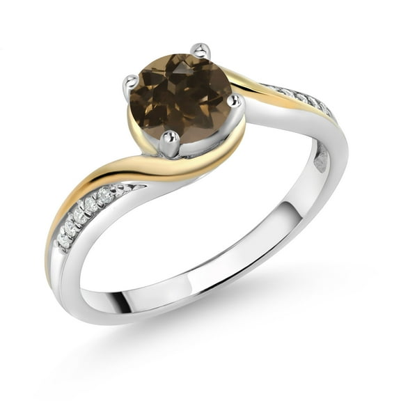 Gem Stone King 925 Silver and 10K Yellow Gold Ring Round Brown Smoky Quartz and Moissanite (0.85 Cttw, Size 8)