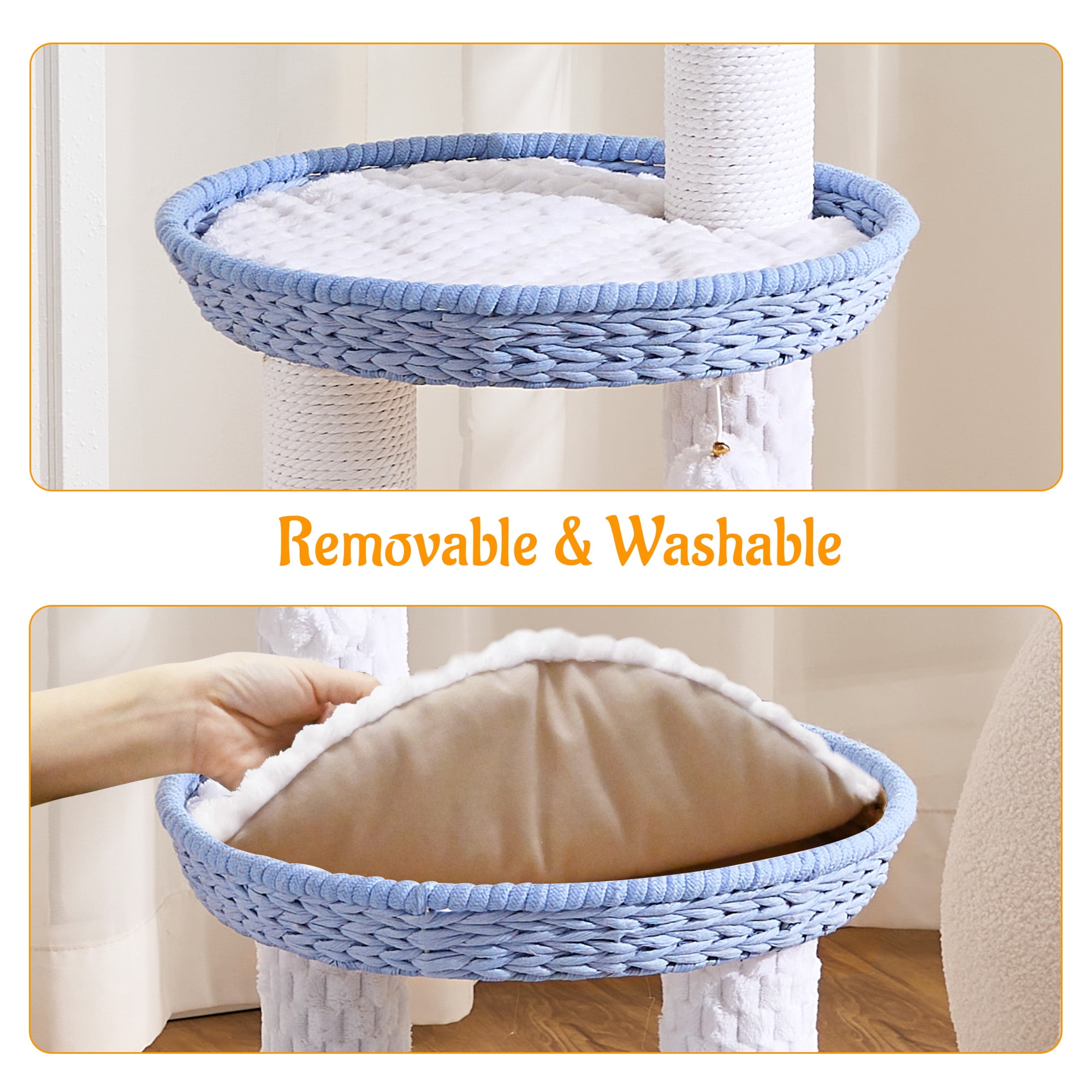 HITTITE Modern Cat Tree Tower with Scratching Post, 46 Inches Tall Cat Towers with Woven Cat Nests and Cave, Removable Cushions and Massage Brush for Indoor Cats Large Adult.