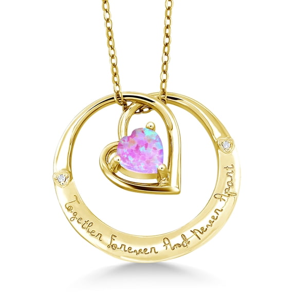 Gem Stone King 0.76 Ct Pink Simulated Opal White Diamond 18K Yellow Gold Plated Silver Pendant