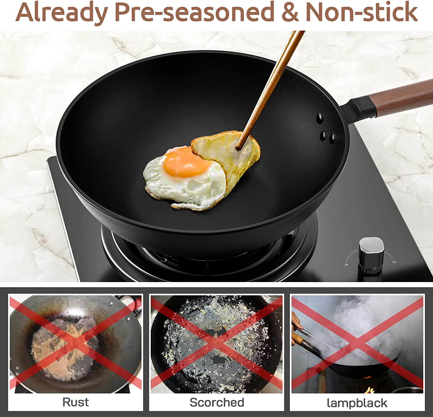 Carbon Steel Wok, 13-Inch, Pre-Seasoned, Non-Stick, with Lid and Spatula, Flat Bottom, Ideal for Stovetop Cooking
