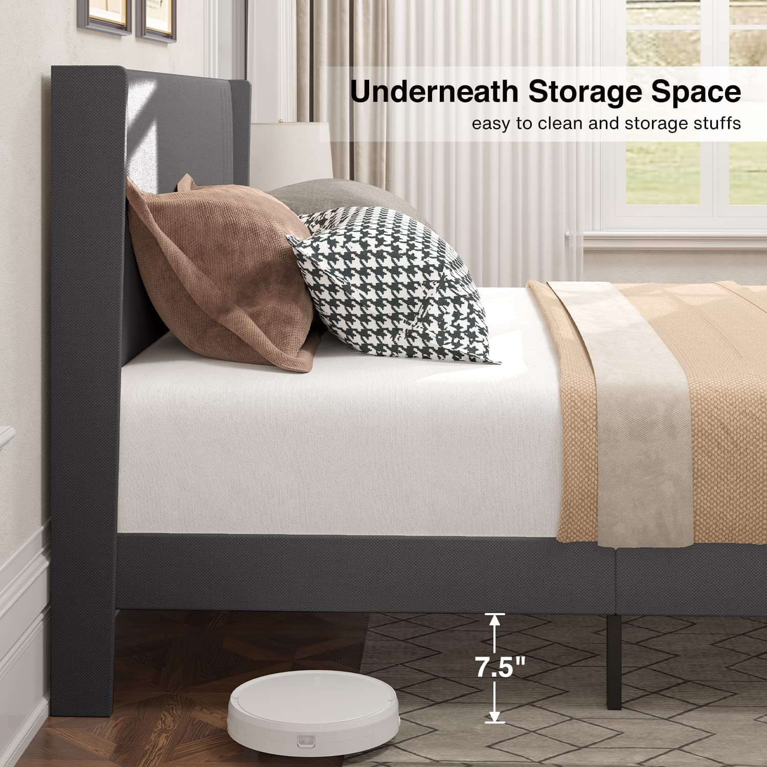 Full Platform Bed Frame with Wingback Headboard, Dark Grey