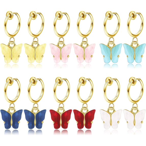 SHareconn 6 Pairs Butterfly Clip On Hoop Earrings for Women Drop Dangle Hoop Earrings Non Pierced Earrings Set