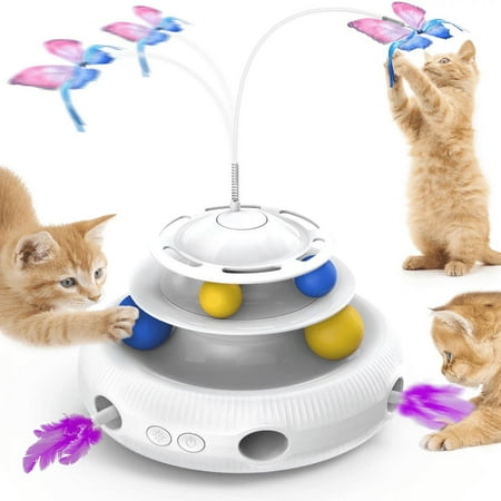 Brother Teddy Potaroma Cat Toys 3In1 Automatic Interactive Kitten Toy, Fluttering Butterfly, Moving Ambush Feather, Track Balls, Tape Key, Usb Powered, Indoor Exercise Kicker - White