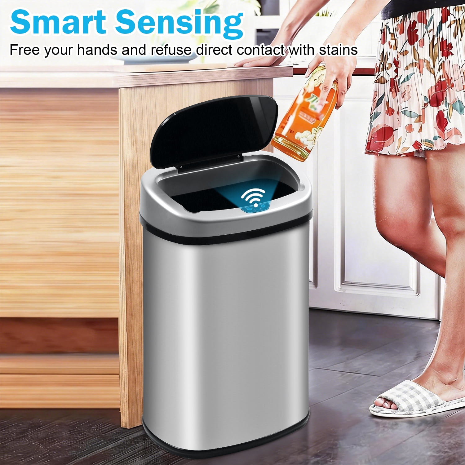13 Gallon Kitchen Trash Can Automatic Stainless-Steel Garbage Can with Touch-Free & Motion Sensor, Anti-Fingerprint Mute Designed Brushed Waste Bin for Home, Silver