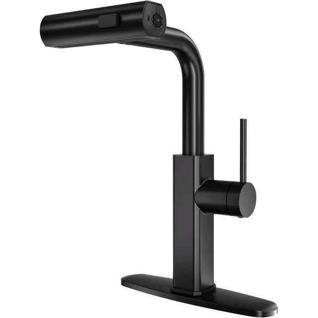 HAHDAXIA Robinet de Cuisine Noir Cascade avec Pulvérisateur à Descente, Robinet de Cuisine à 3 Modes Magiques, Robinet d'Évier de Cuisine en Acier Inoxydable Pivotant à 360° Poignée à Levier Unique, Robinet de Cuisine Noir