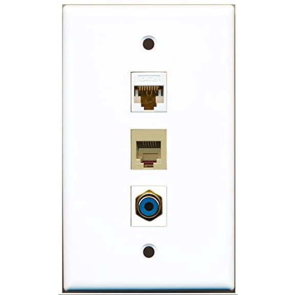 RiteAV - 1 Port RCA Blue and 1 Port Phone RJ11 RJ12 Beige and 1 Port Cat6 Ethernet White Wall Plate