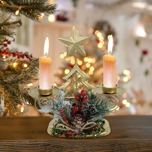 pstuiky Adorno navideño de ventana/escritorio con candelabro doble de hierro dorado