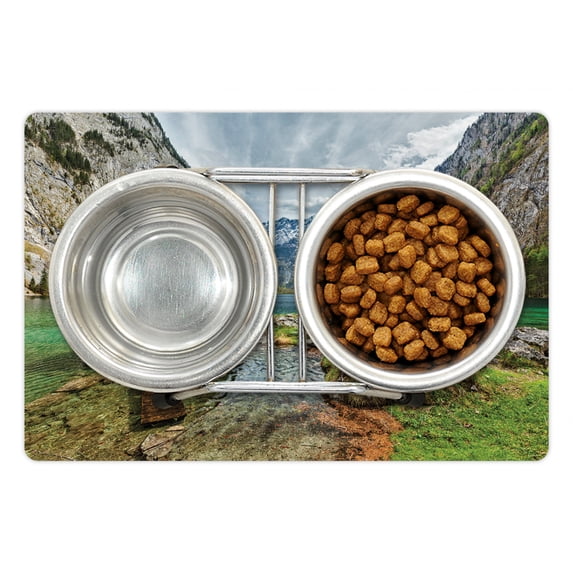 Landscape Pet Mat for Food and Water, Dock on the Lake with Small Shed Alpine Mountains Germany European Nature Photo, Non-Slip Rubber Mat for Dogs and Cats, 18" X 12", by Ambesonne