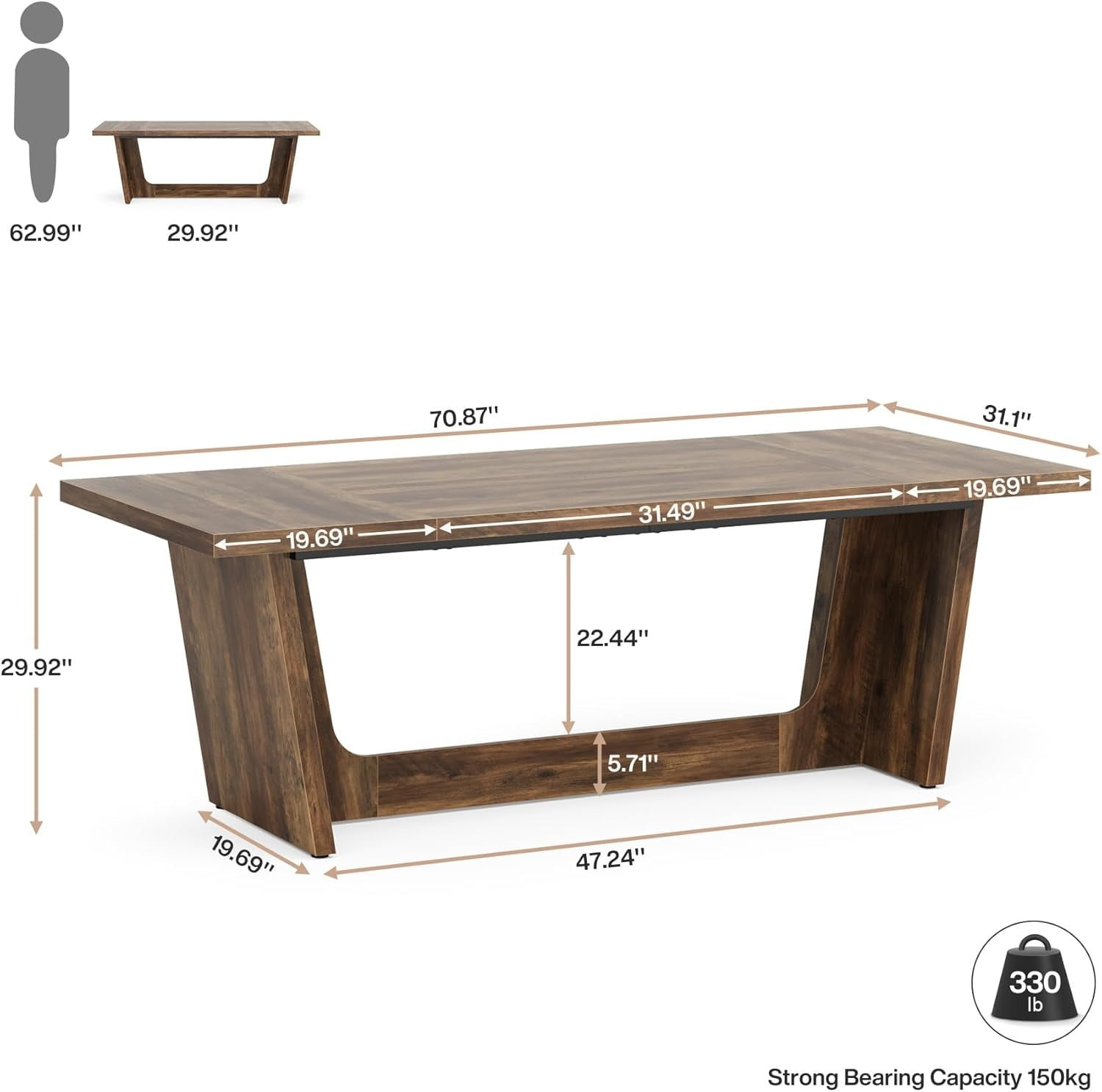 70.87-Inch Executive Computer Desk, Large Home Office Desk With Solid Wooden Pedestal, Industrial Wooden Study Writing Table, Heavy-Duty 330LBS Workstation, Rustic Brown Business Furniture