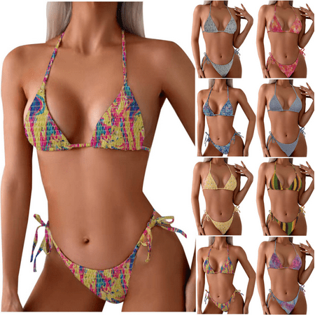 BiZtdJrK 50 Percent off Sales Today  Women s Bikini Bathing Suit 2 Piece Sets Halter String Backless Bras and Tie Side Triangle Bottoms Summer Beach Swimwear Vacation Outfits Gray L