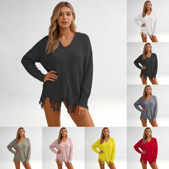 Womens Loose Knitted Black Sweater Solid Deep V Neck Long Sleeve Pullover Ripped Top
