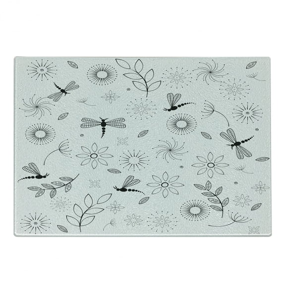 Dragonfly Cutting Board, Bohem Inspired Flying Butterfly Like Bugs and Flowers Dandelion Image, Decorative Tempered Glass Cutting and Serving Board, Small Size, Black and White, by Ambesonne
