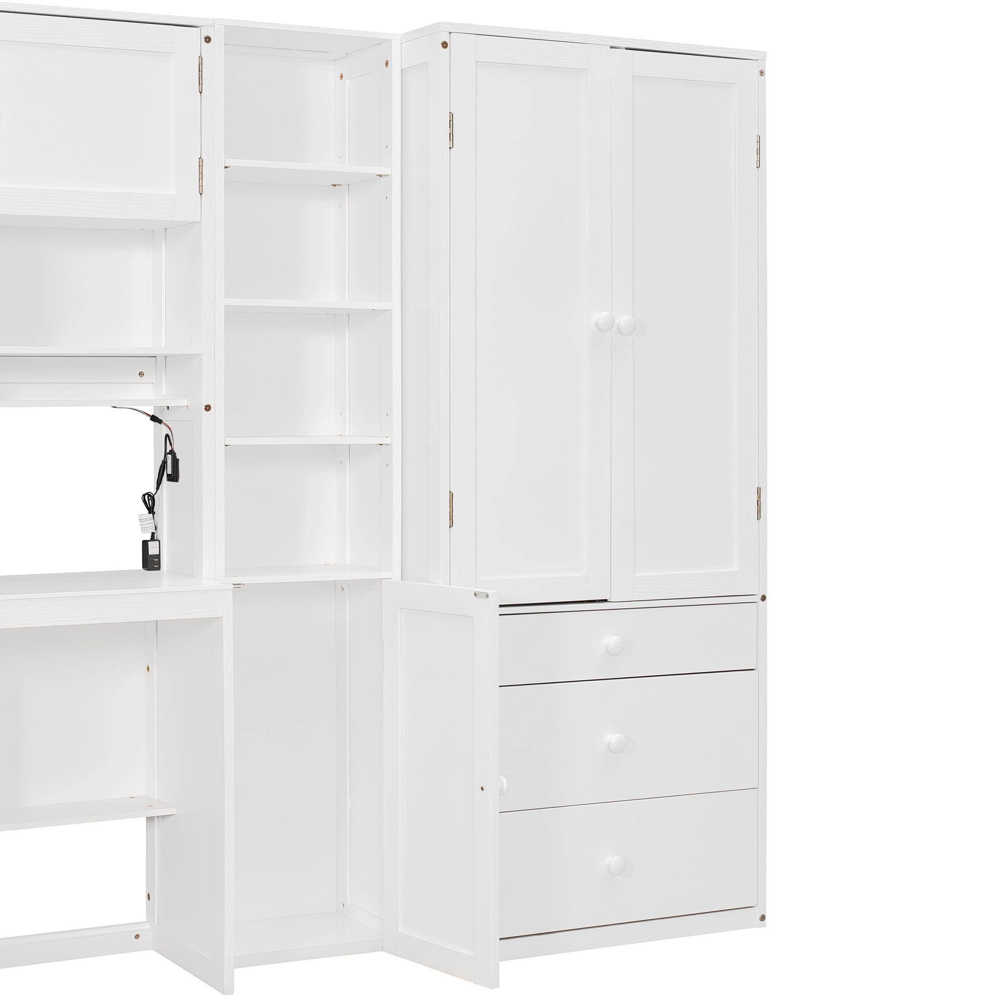 Mintazer Twin Platform Bed with Desk & Wardrobe, Wooden Bed with Cabinets & Shelves Storage and 3 Drawers for Bedroom Playroom Guest Room, White