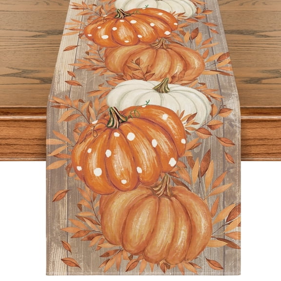 Smile Orange Polka Dot Pumpkin Eucalyptus Wood Fall Table Runner, Seasonal Autumn Kitchen Dining Table Decoration for Home Party Decor 13x72 Inch