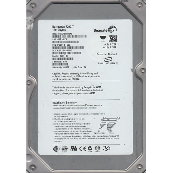 ST3160023AS, 4MT, TK, PN 9W2814-688, FW 3.00, Seagate 160GB SATA 3.5 Hard Drive