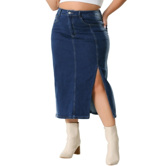 Agnes Orinda Plus Size High Waist Elegant Denim Skirt Button Up Cowboy Side Slit Pocket Jean Skirt