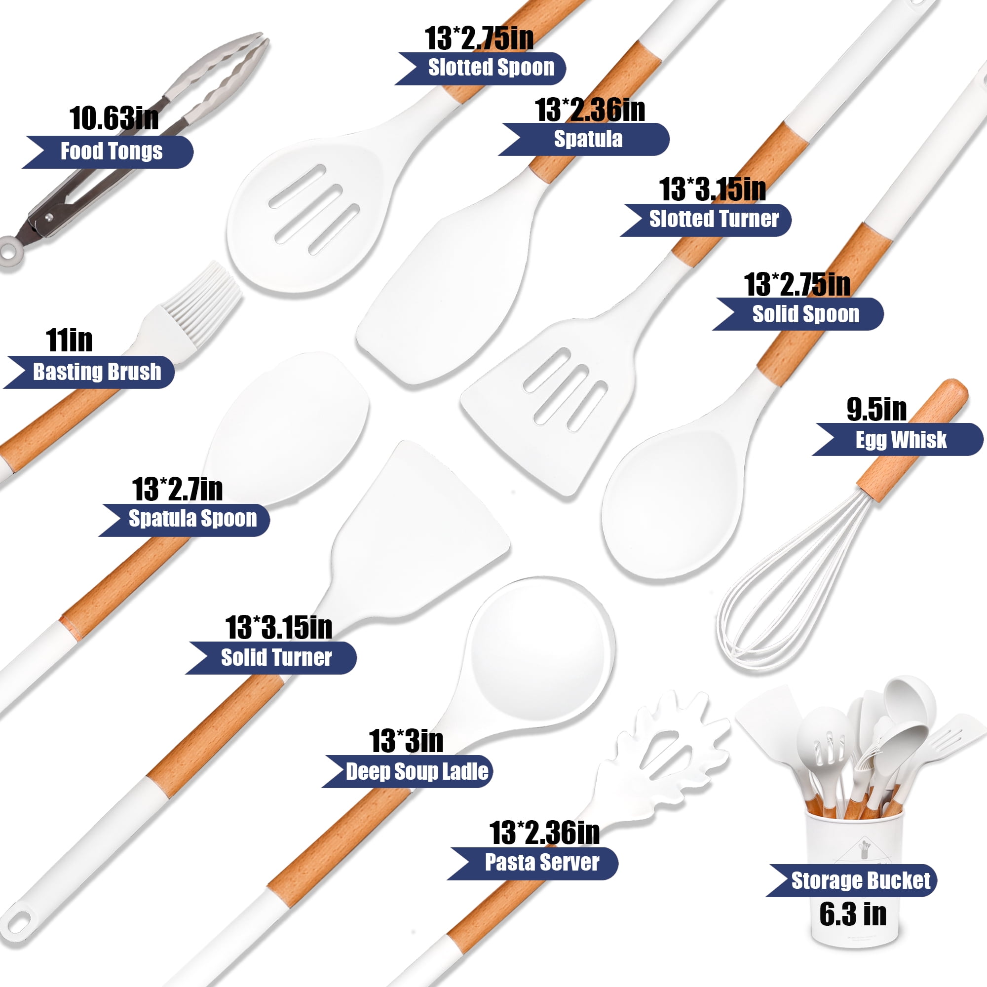 White Silicone Cooking Utensil Set 12-Pack for Nonstick Cookware, Heat Resistant BPA Free Rubber Kitchen Tools Set with Holder, Kitchen Spoons Set Utensilios de Cocina for Fish Eggs Pancakes
