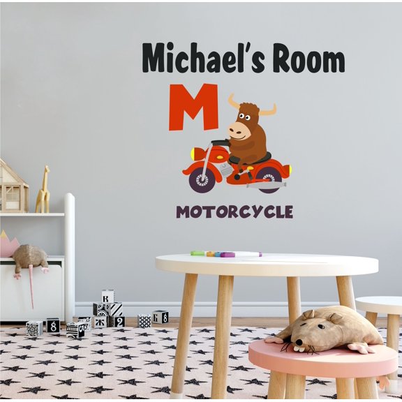 ALPHABET - Vinyl Art Motorcycle Motor Bike Decoration Bull Buffalo Animal Letter M Alphabet Design Removable Home Wall Decal Sticker - Kids Bedroom Customized Name Adhesive Wall Decal 30" x 27"