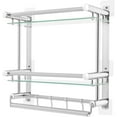 thumbnail image 3 of Wall Mount Bathroom Shelf with 2-Tier Tempered Glass, Stainless Steel Storage Organizer Rack with Towel Bar & 4 Hooks, 44 lbs Load Capacity for Shampoo Soap Towels, Adhesive or Drill Mounting, Silver, 3 of 9