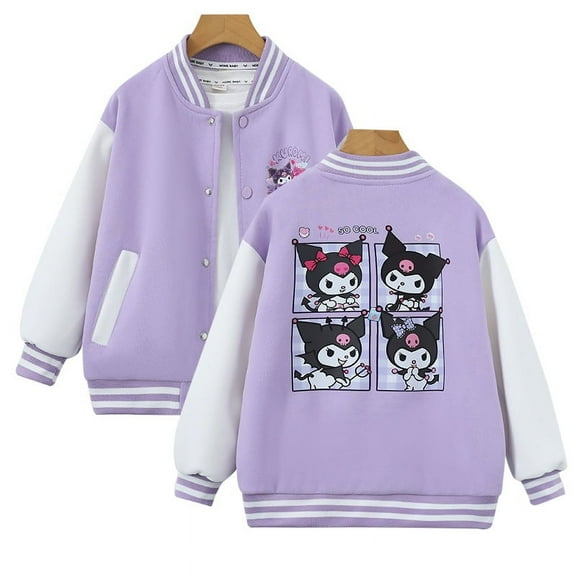 Toddler Girl Varsity Jacket Kuromi Long Sleeve Baseball Bomber Jacket Button Front Coat(Purple)