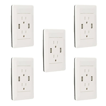 - GREENCYCLE 5PK 2A 5V Dual USB Port Electric Wall Charger AC Power Outlet Panel Plate Dock Station Socket Duplex Receptacle White