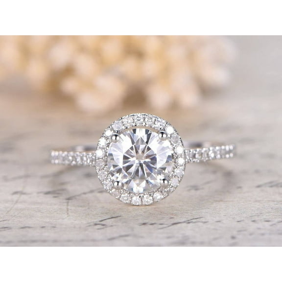 1.25 Carat Round Cut Halo Moissanite Diamond Engagement Ring Set In 10K White Gold, Promise Ring, Anniversary Gift