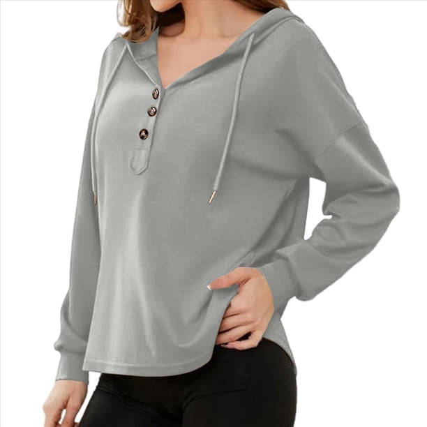 Sudadera con Capucha para Mujer, Cuello Abotonado, Cordón Ajustable, Sudadera Informal de Larga, Camisetas. Gris L