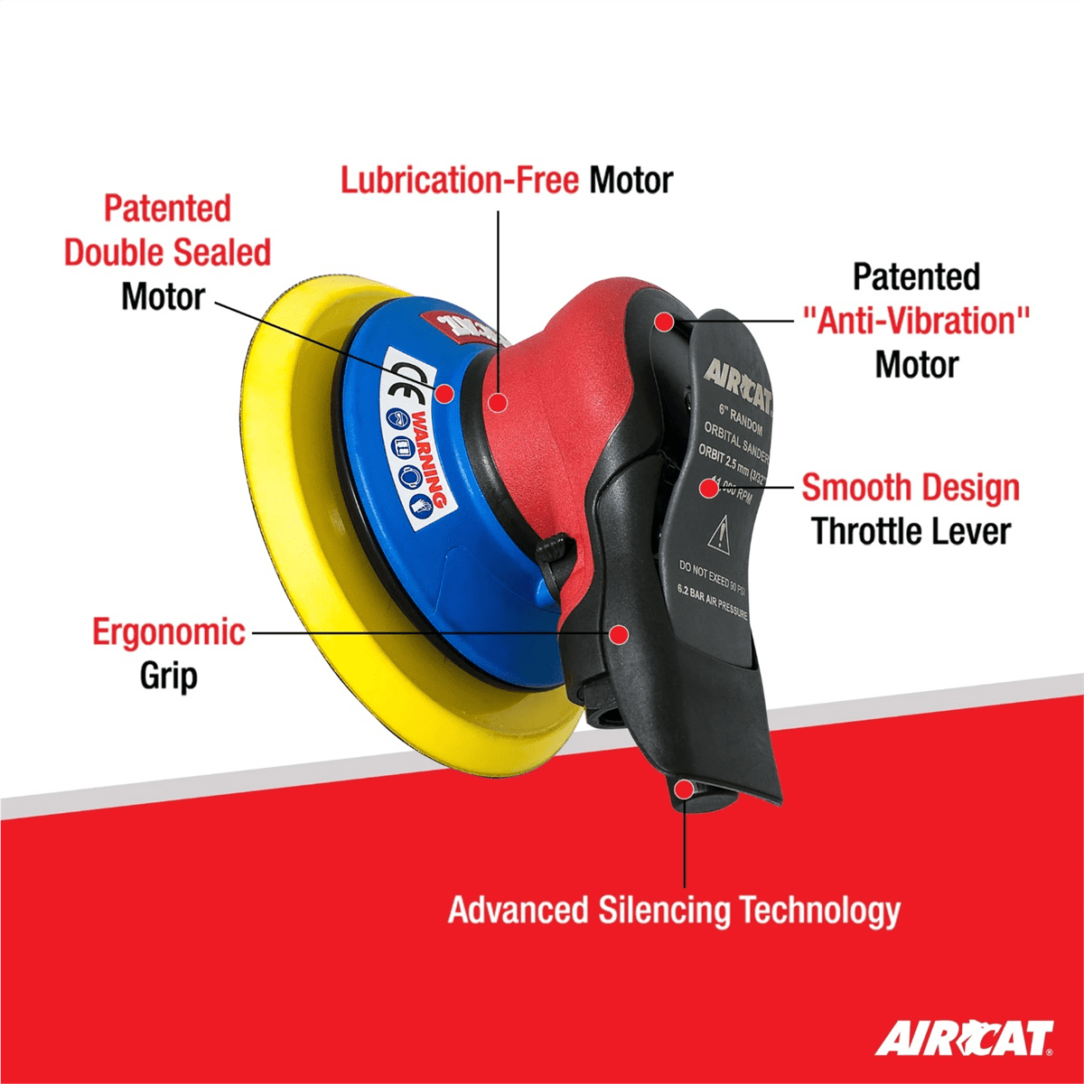 AIRCAT Pneumatic Tools 6700-6-332: 6 Inch Lubrication Free Palm Sander 11,000 RPM - 3/32" Orbit