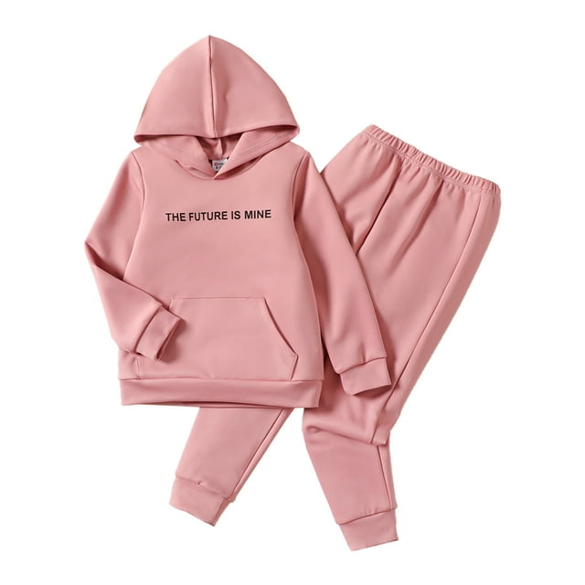 PatPat Kid Girl Letter Print Hoodie with Pocket and Pants Set Size 5-13