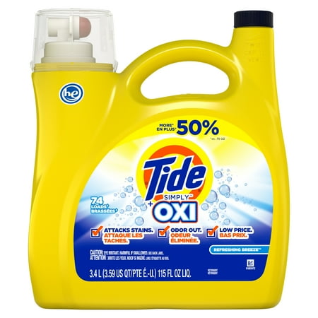 Tide Simply +Oxi Liquid Laundry Detergent, Refreshing Breeze, 74 Loads 115 fl