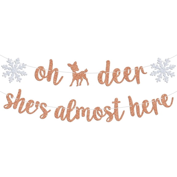 Oh Deer She's Almost Here Banner, Sweet Baby Girl/Welcome Baby, Winter Christmas Themed Baby Shower/Gender Reveal Party Decorations Supplies, Silver and Rose Gold Glitter