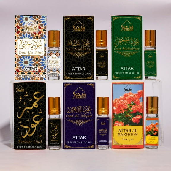 Dukhni Ma’amoul  Attar Arabic Perfume Oil Set |  6 assorted scents x 6ml each | Alcohol- Free, Sustainable | Wrist perfume, Gift Set