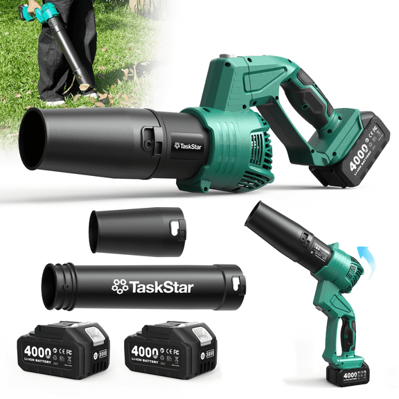 TaskStar 21V Cordless Leaf Blower , 550 CFM/150MPH Hand‑Held Blower, 2 × 4.0Ah Batteries, 5‑Speed Adjustment, Rotatable‑Head Nozzle Design Lightweight Blower for Lawn Care, Car, Patio and Yards