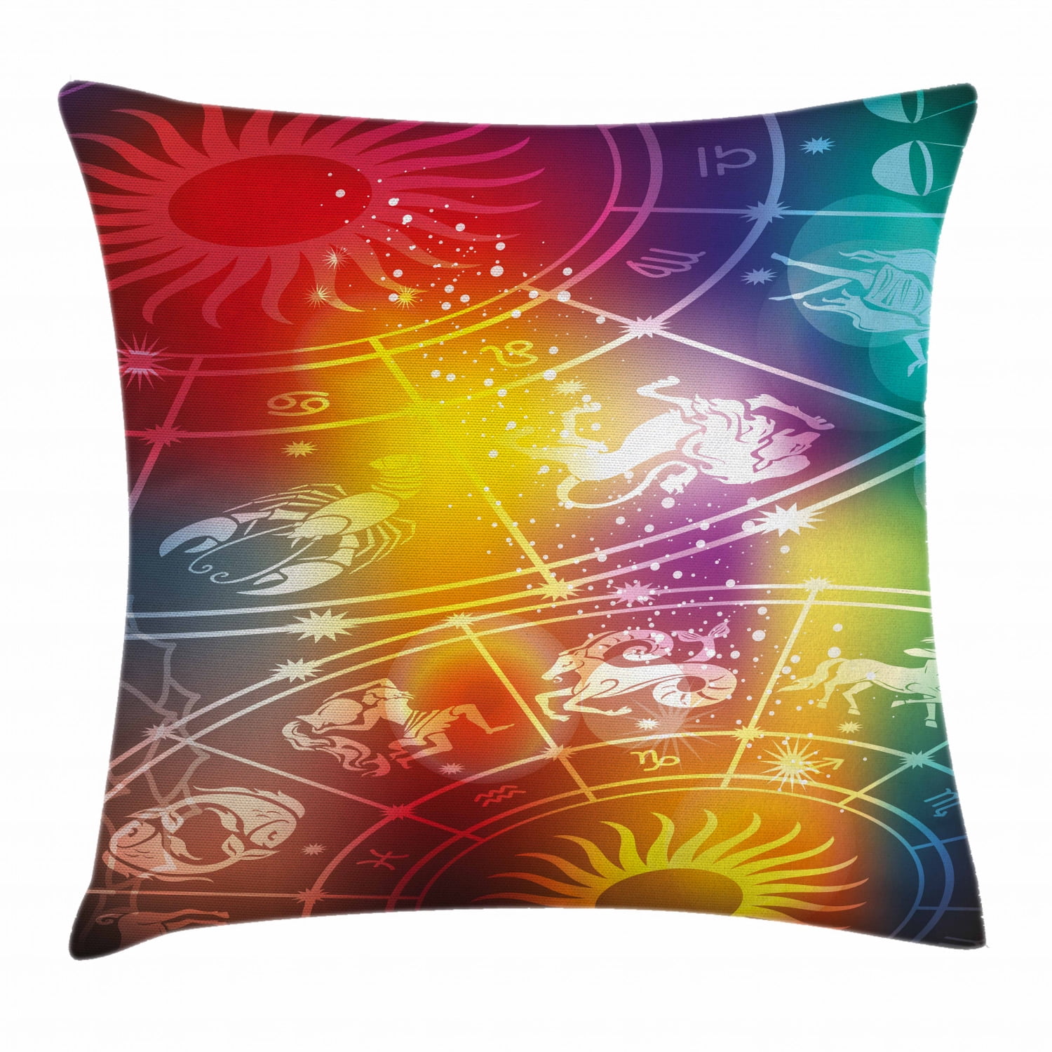 Astrology Throw Pillow Cushion Cover, Ombre Rainbow Colored Abstract Image with Asrological Sun