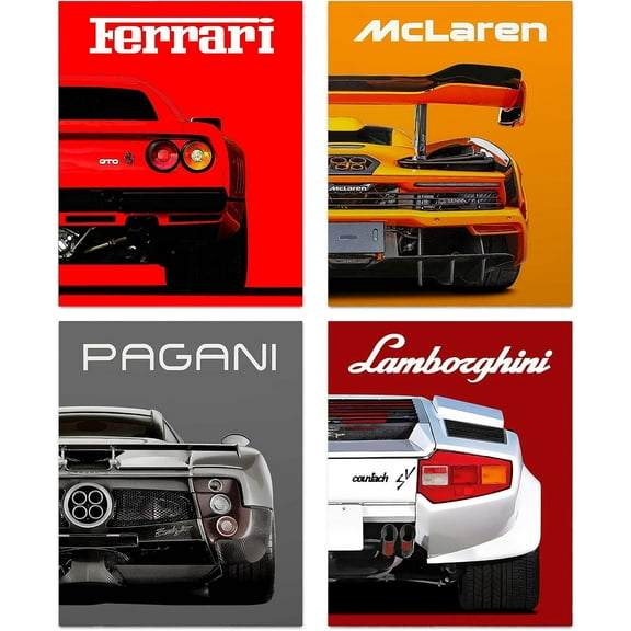 Modern Car Posters Classic Supercar Wall Art Prints, 11"x14" -Sports Car Wall Decor, Cool Racing Ferrari Lamborghini McLaren Pagani Canvas Posters for Man Cave Boys Room Wall Decor, Set of 4-Unframed