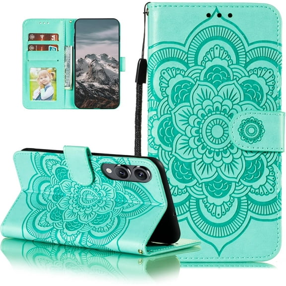 Case for Samsung Galaxy S25 Edge, Premium Leather Magnetic Closure Flip Wallet Phone Case with Card Holder Cash Slot Stand Function Embossed Mandala Flower Shockproof Lanyard Cover - Green